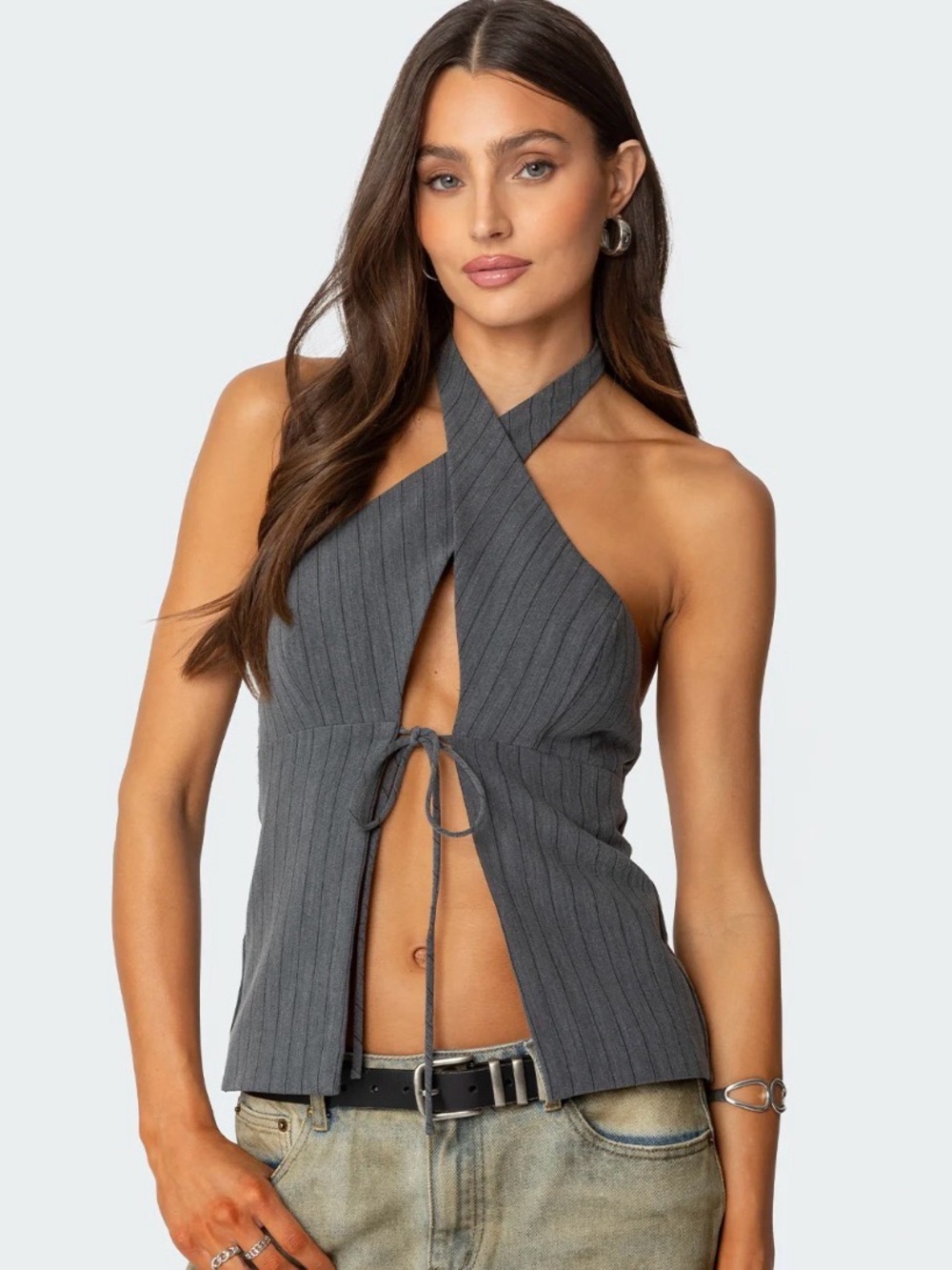 Charcoal Gray Ribbed Halter Tie-Front Camisole